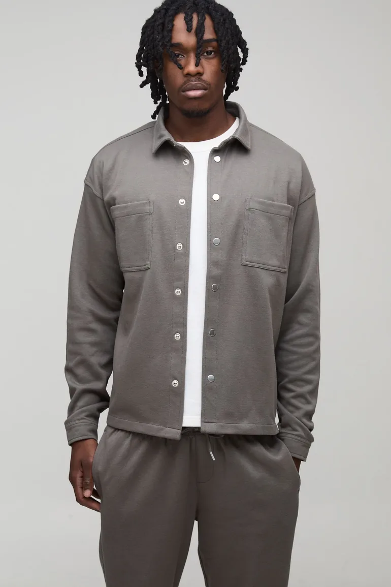 Tall Regular Fit Textured Over Shirt & Tapered Trouser Set - charcoal - 2
