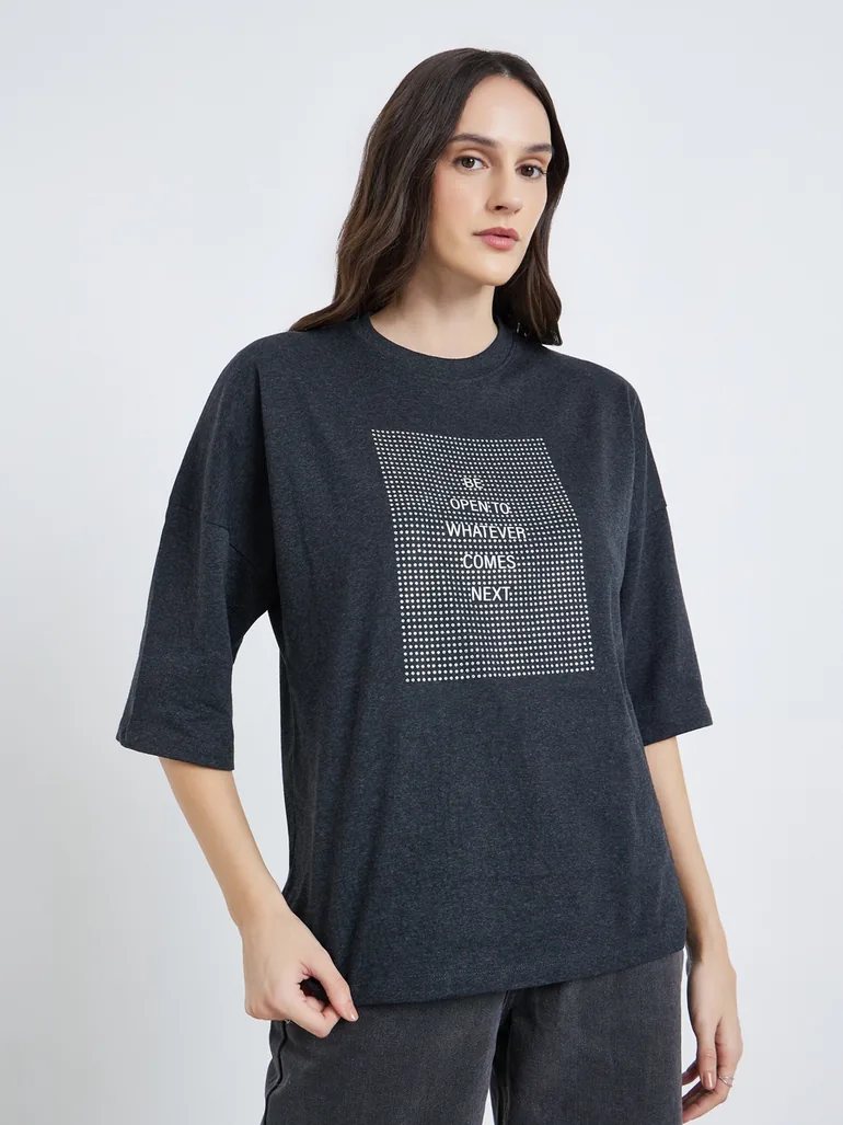 Charcoal Slogan Oversized T-Shirt with 3/4 Sleeves - 2