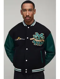 Applique Colour Block PU & Melton Varsity Jacket - black