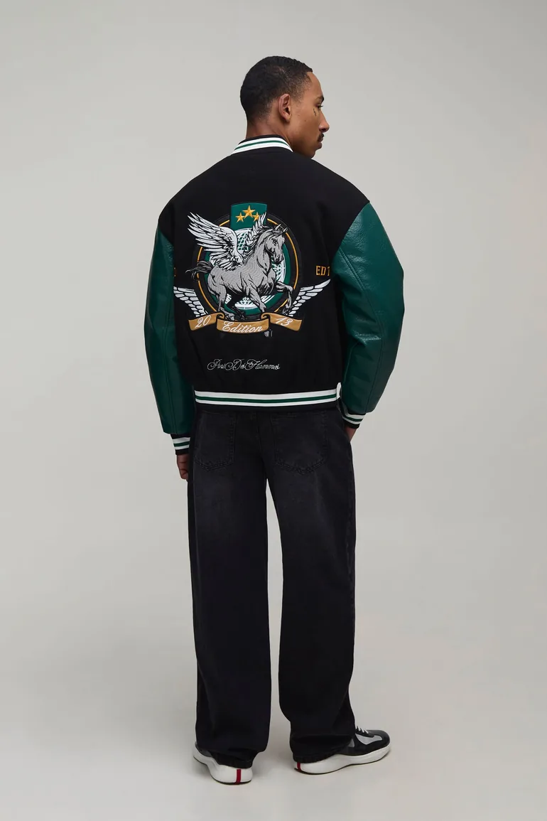 Applique Colour Block PU & Melton Varsity Jacket - black - 1