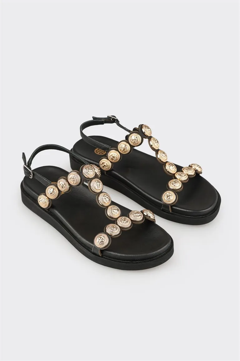 Black Leather Women's Sandals - 1