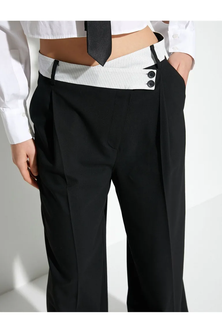 Palazzo Trousers Wide Leg Asymmetric Waist Buttoned - 4