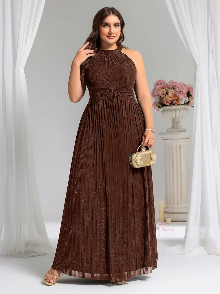 Plus Size Glittery Halter Neck Pleated Formal Evening Dress - 3