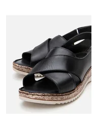 Women's Leather Black Adjustable Comfort Sandals - 2
