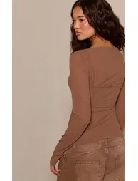 Mocha Ribbed Burnout Mesh Bralet Detail Long Sleeve Top - 1