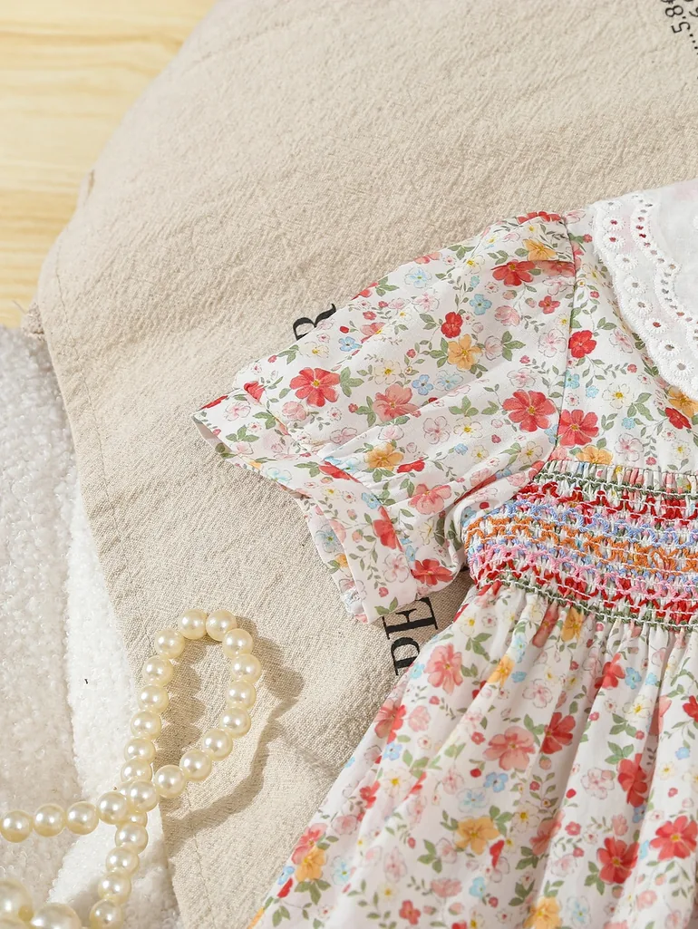 Girls Floral Print Smocked A-Line Dress - 3