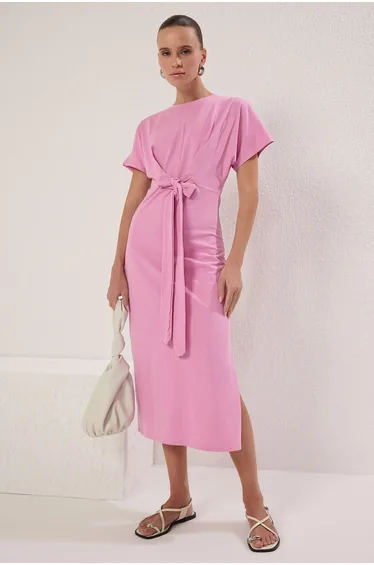 Light Pink 100% Cotton Waist-Sit Slit and Tie Detail Midi Knitted Pencil Dress