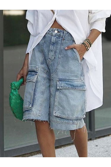 Loose Wide Leg Buttoned Fringed Pockets Split-Joint Cropped Trousers Jean Pants Bottoms product thumbnail 2