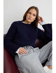 Navy Blue Spanish Sleeve Soft Textured Knitwear Sweater - 1