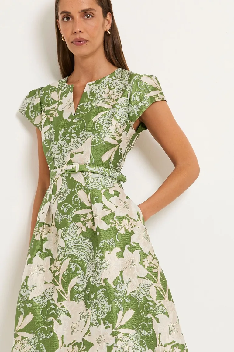 Jacquard Cap Sleeve Belted Midi Dress - 2