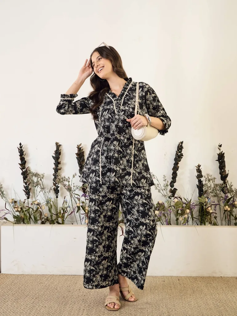 Black Floral Pure Cotton Top with Trousers Co-Ords - 3