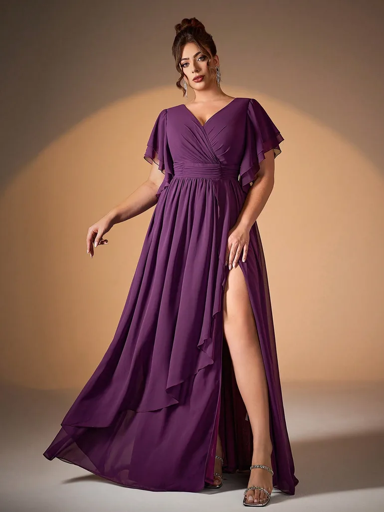Leely Plus Women's Elegant V Neck Flounce Sleeve Party Dresses