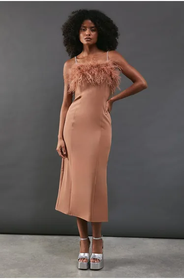 Feather Detail Diamante Strap Bandeau Midi Dress