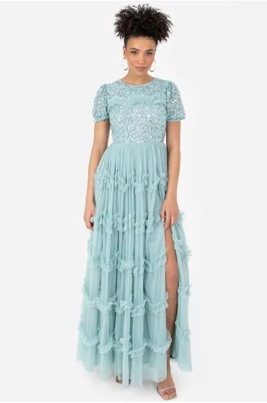 Maya Blue Embellished Ruffle Maxi Dress