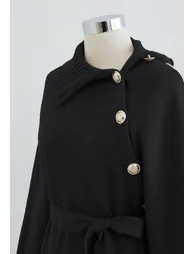 Buttoned Side Flap Collar Knit Midi Dress in Black - 2