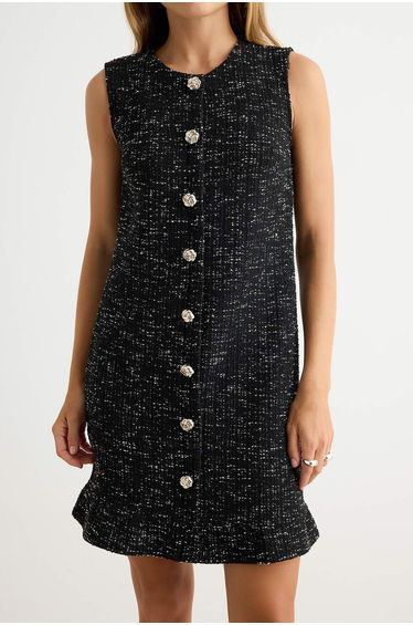 Black A-Line/A Bell Form Crew Neck Buttoned Sleeveless Short/Mini Tweed Knitted Dress product thumbnail 3