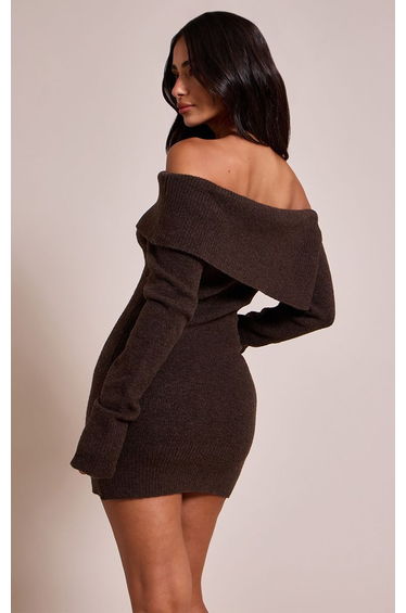 Petite Chocolate Knitted Foldover Asymmetric Bodycon Mini Dress product thumbnail 3