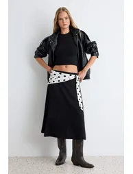 Black Polka Dot Tie-Detail Midi Viscose Ribbed Knitted Skirt