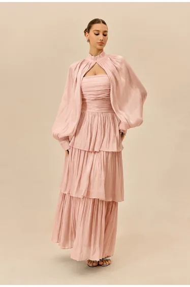 Something Lovely Pink Detachable Sleeve Tiered Maxi Dress
