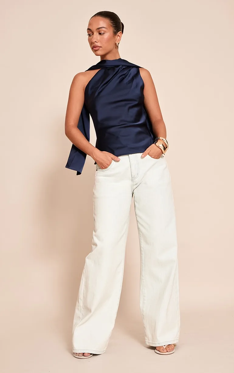 Navy Satin Asymmetric Scarf Detail Top - 2