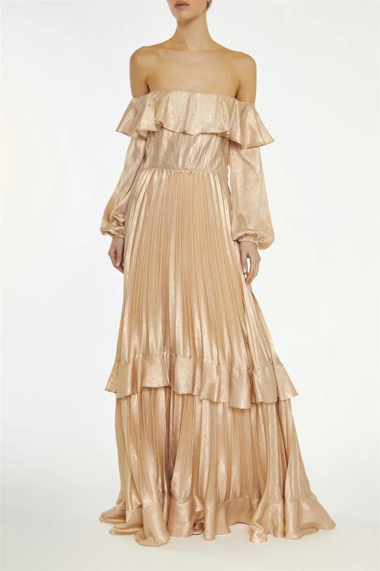 Adrianna Metallic-Copper Pleated Bardot Dress