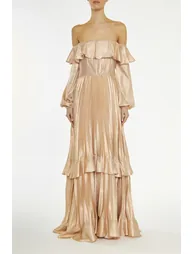 Adrianna Metallic-Copper Pleated Bardot Dress - 2