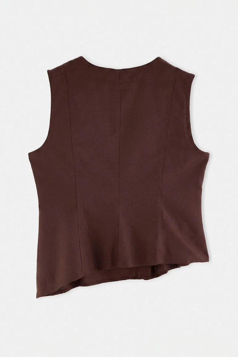Brown Linen Look Oversized Woven Vest - 3