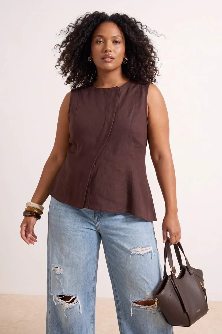 Brown Linen Look Oversized Woven Vest