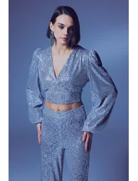 Double Breasted Sequined Crop Blouse - 5