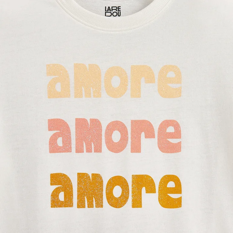 Short Sleeve Crew Neck T-Shirt with Glittery Slogan - 2