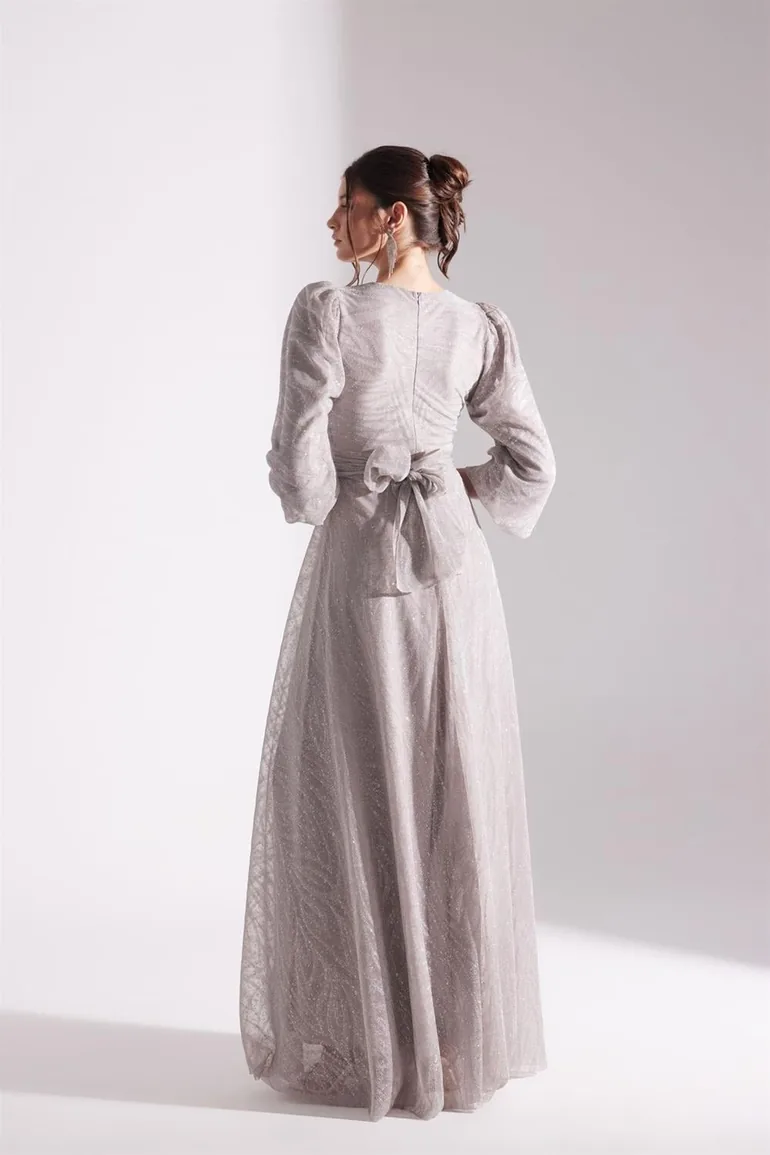 Edeline Silvery Maxi Length Flared Evening Dress - 4
