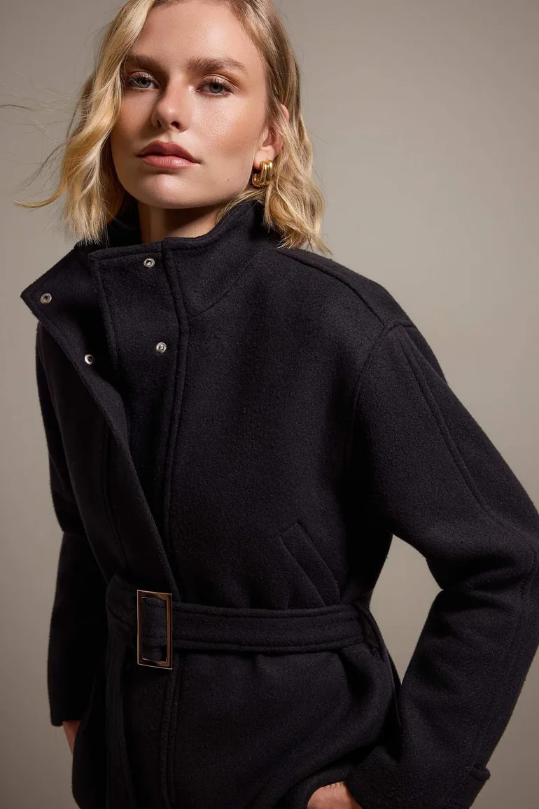 Black Stand Collar Belted Mono Closure Regular Midi Cashmere Coat - 1
