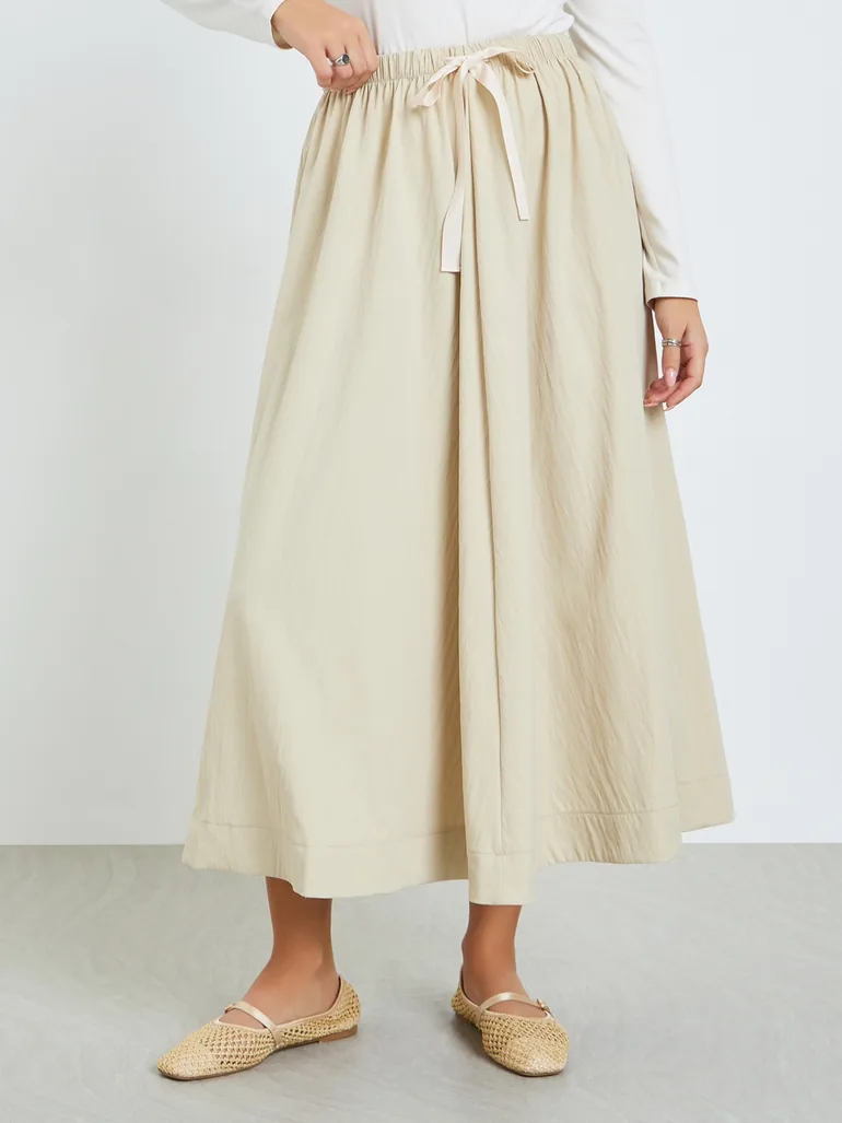 Beige Drawstring Waist Pleated Skirt - 1
