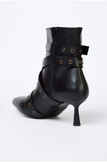 Black Eyelet and Antique Buckle Detailed Thin Heel Women's Boots product thumbnail 2