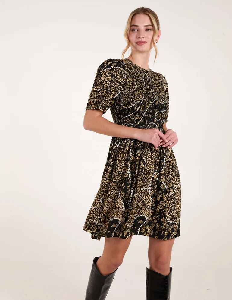 Shirred Front Puff Sleeve Mini Dress - 1