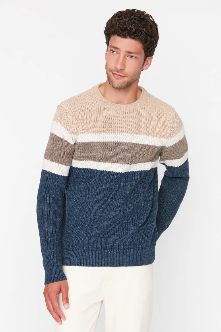 Beige Slim Fit Crew Neck Paneled Knitwear Sweater - 3