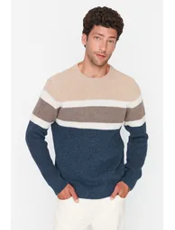 Beige Slim Fit Crew Neck Paneled Knitwear Sweater - 1