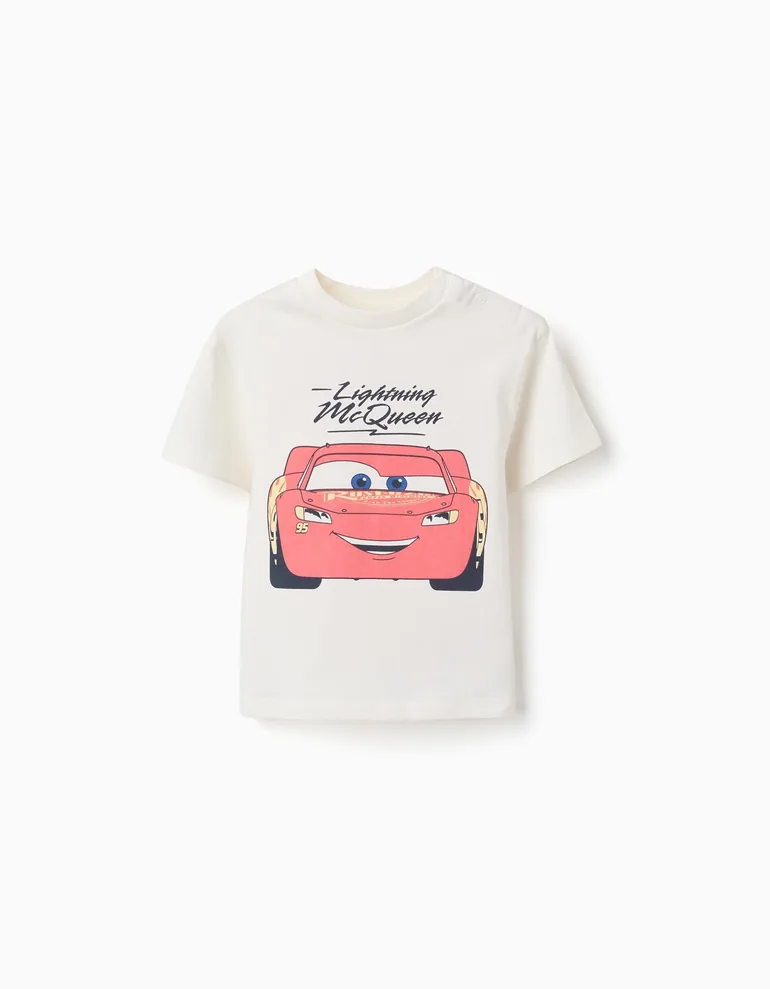 Cotton T-shirt With Lightning Mcqueen For Babies And Boys, White