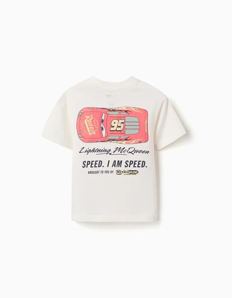 Cotton T-shirt With Lightning Mcqueen For Babies And Boys, White - 1