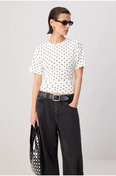 Multi-Colored Fitted Crew Neck Polka Dot Short Drawstring Cotton Stretch Knitted T-Shirt