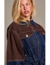 Indigo Contrast Panel Zip Through Denim Jacket - 3