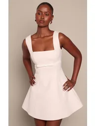Premium Cream Woven Belt Detail Shift Dress