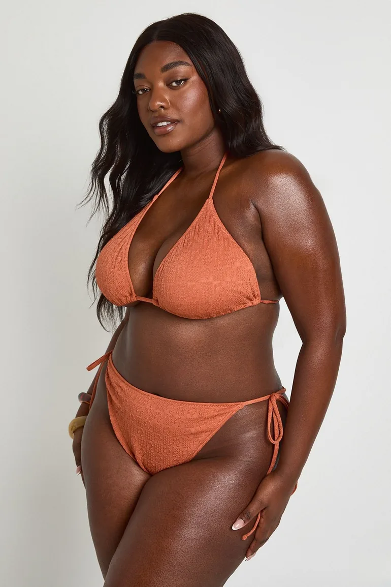 Plus Textured Tie Side Triangle Bikini Set - terracotta