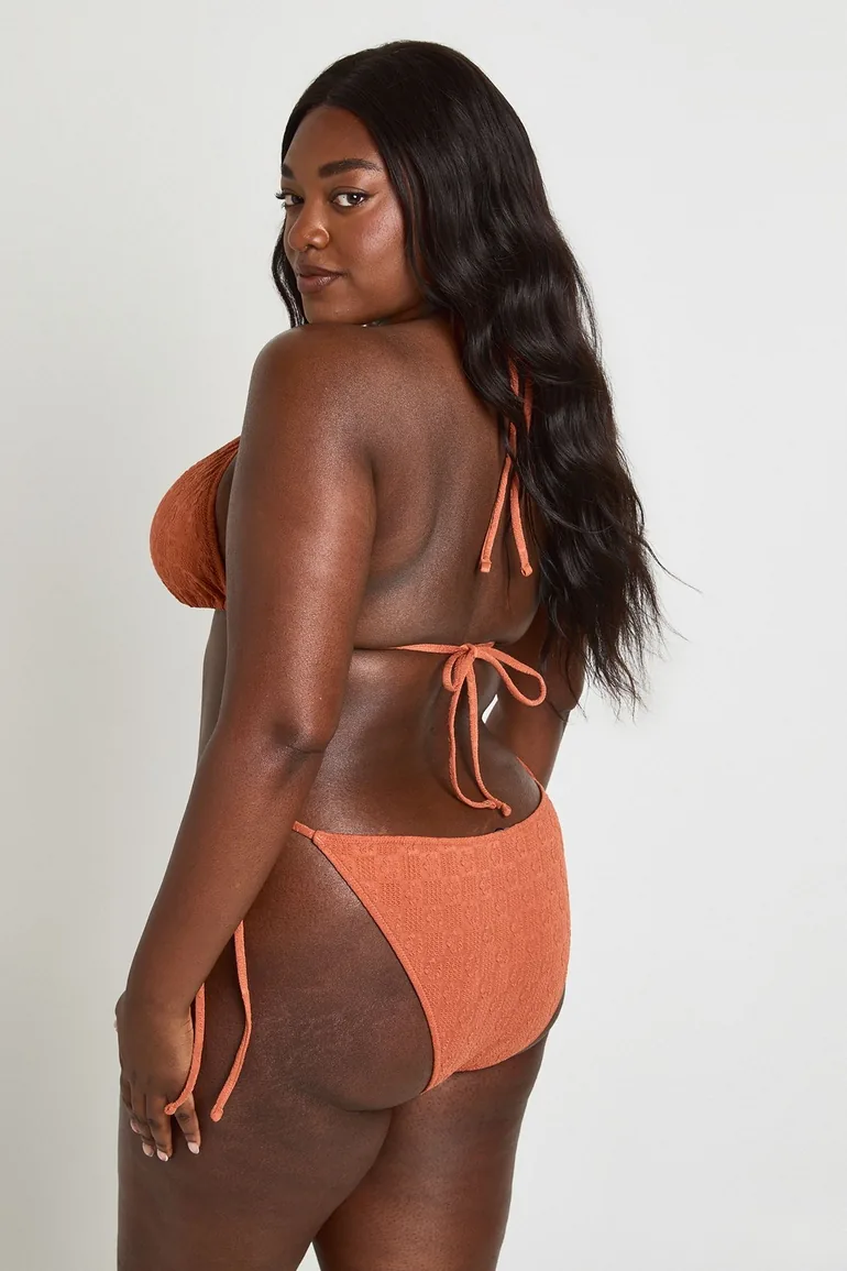 Plus Textured Tie Side Triangle Bikini Set - terracotta - 1