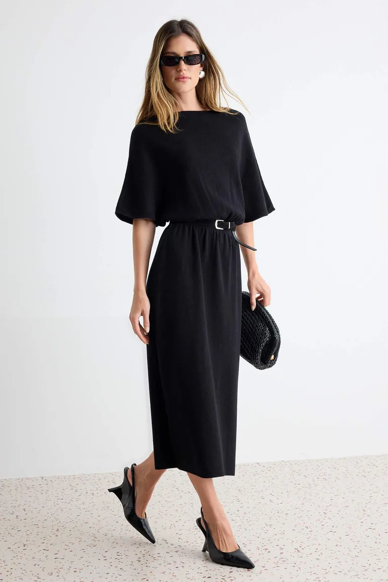 Black Belt Detailed Midi Knitwear Short Sleeve Dress