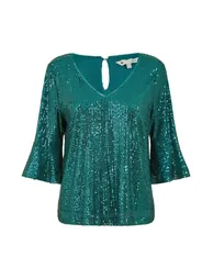 Yumi Green Sequin Top With Fluted Sleeve - 6