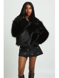 Faux Fur Collared Jacket - black - 1