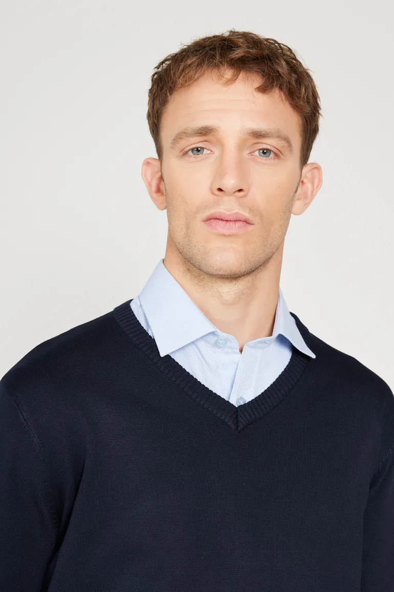 Navy blue standard fit regular cut v-neck knit sweater - 3