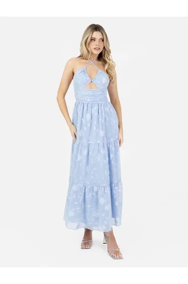 Maya Blue Iridescent Floral Burnout Crossover Halter Neck Midaxi Dress