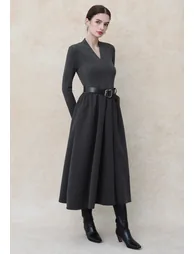 Sedate V-Neck Spliced Belted Midi Dress in Smoke - 2
